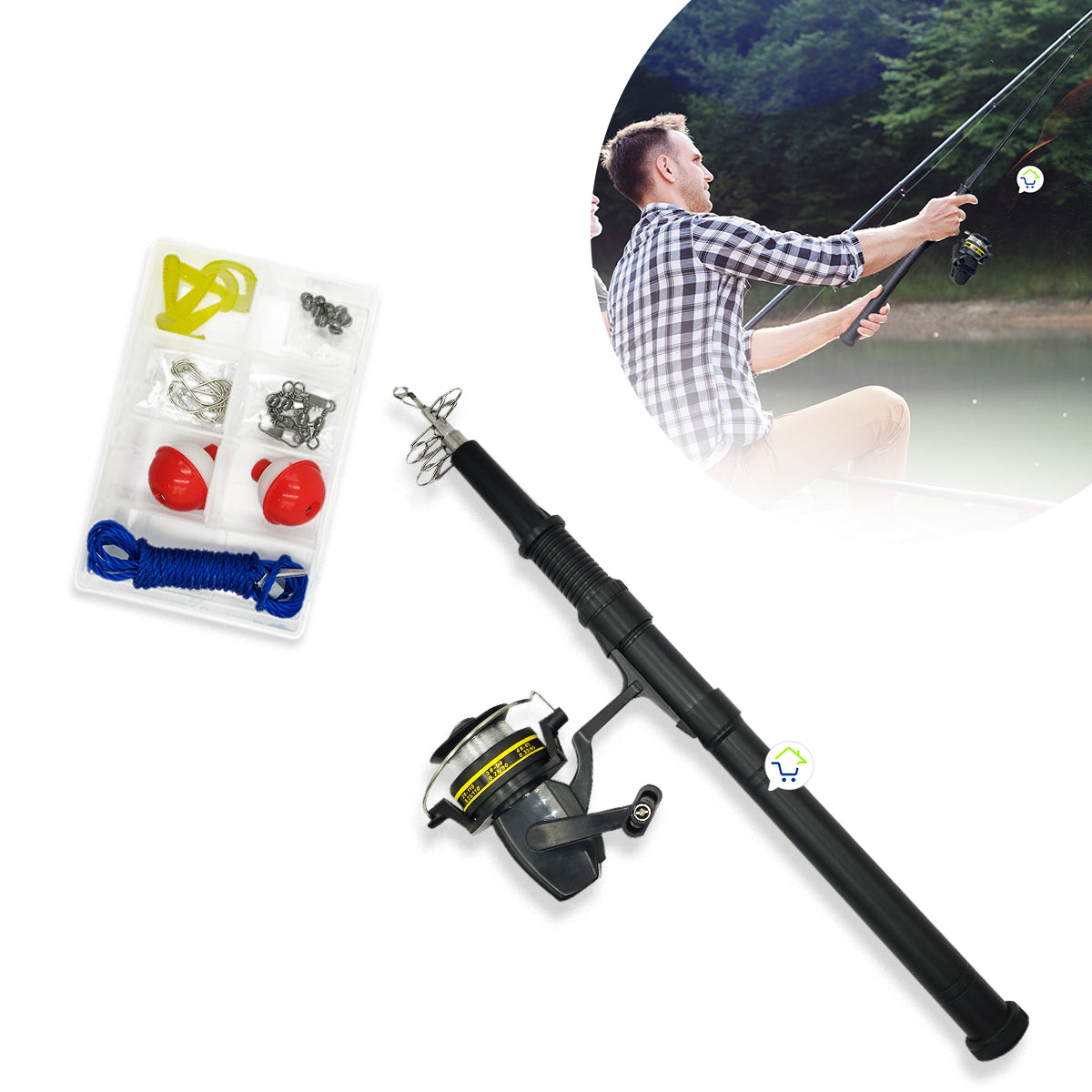 Kit Caña De Pescar + Anzuelos Y Señuelos Bara Carrete XT105K