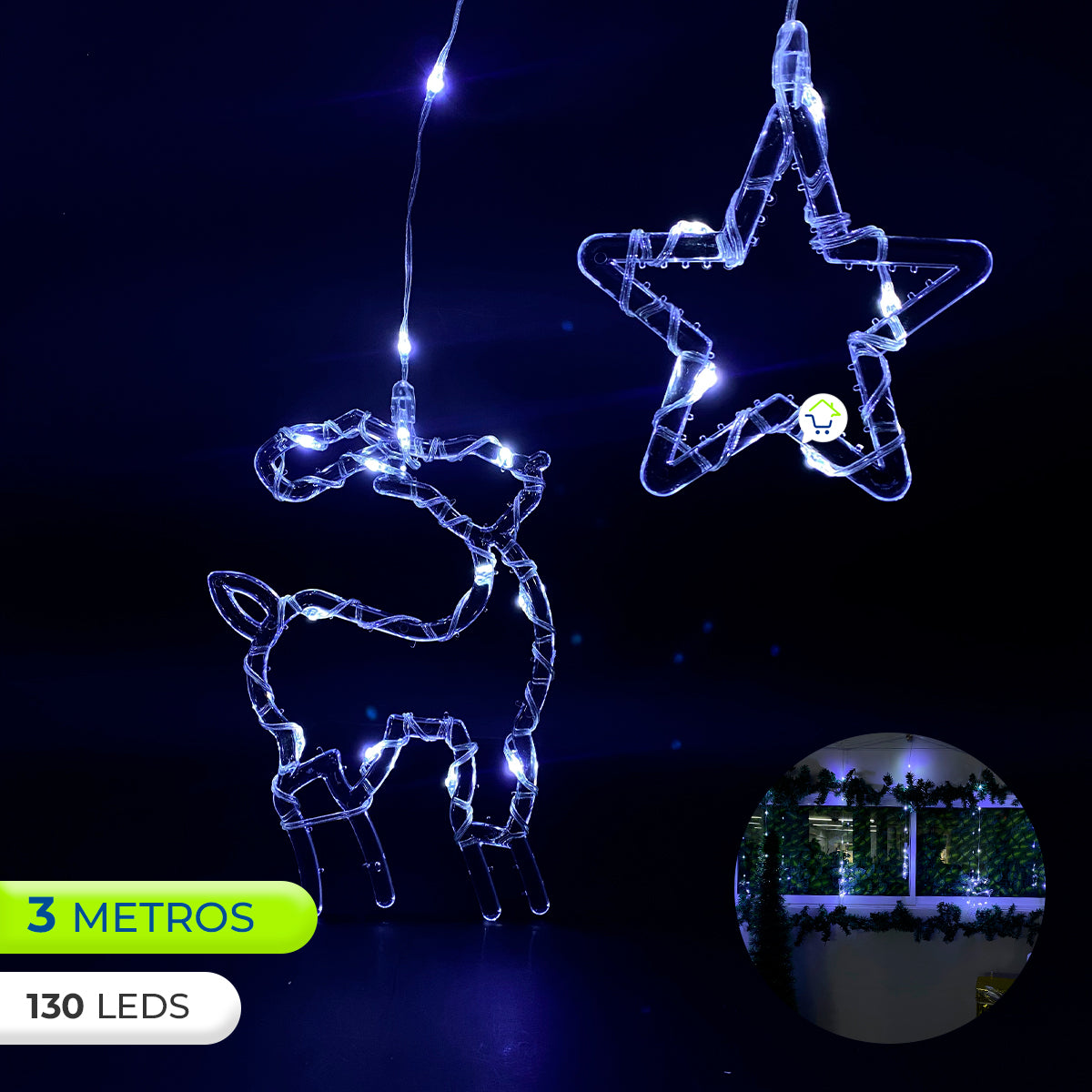 Cortina Intercalada 3M Renos y Estrellas 130 LEDS Navidad 1747