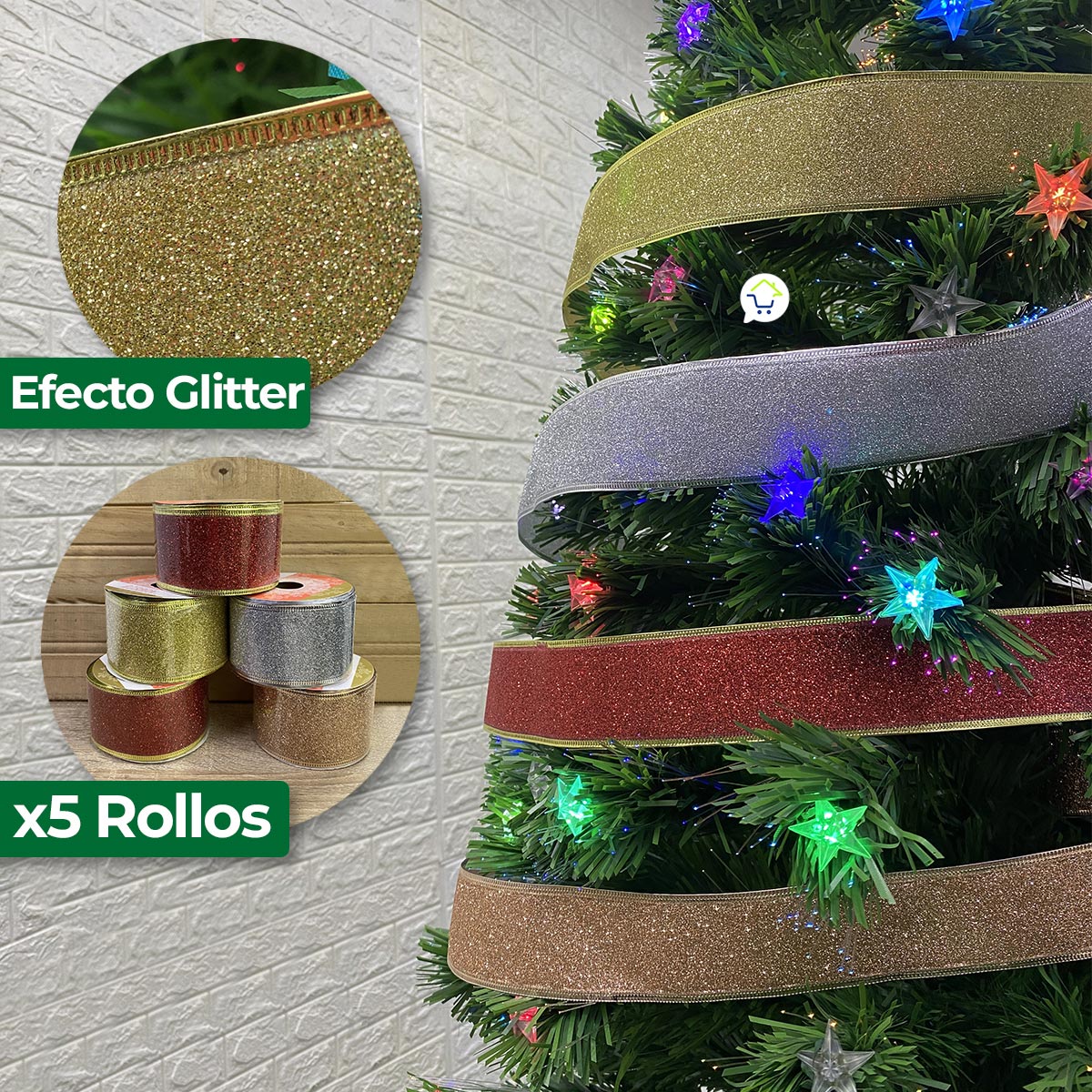 Cintas Decorativa Navideña Glitter x5 Rollos 9.15M CH23-2