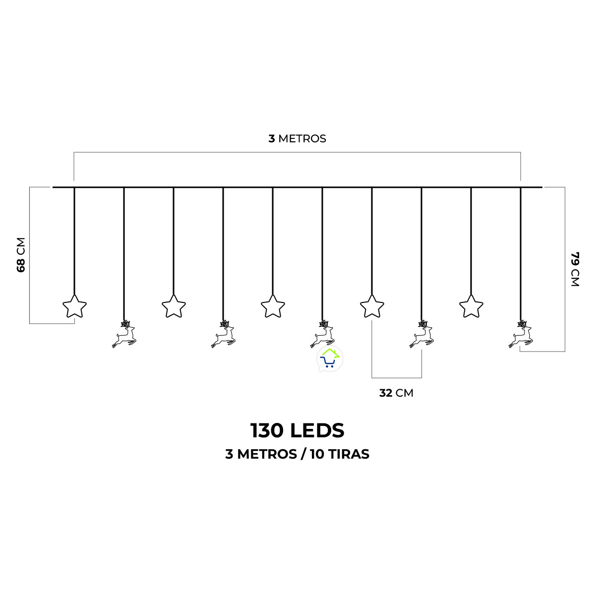 Cortina Intercalada 3M Renos y Estrellas 130 LEDS Navidad 1747