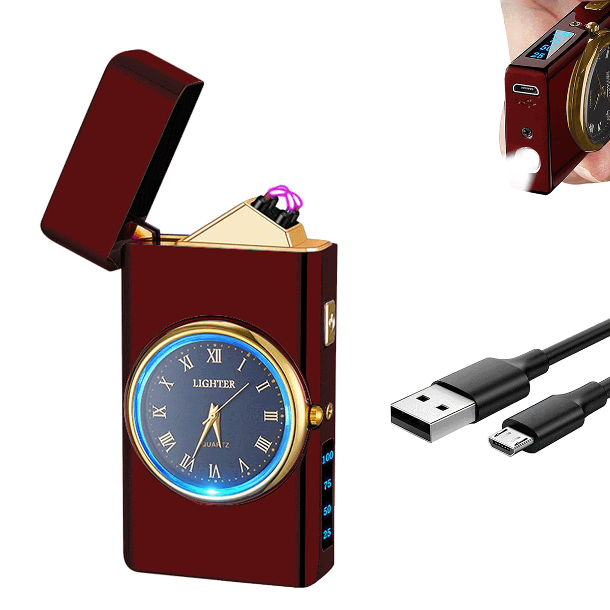 Encendedor Eléctrico de Plasma Recargable USB Reloj Antiviento B0C4NZFHVL