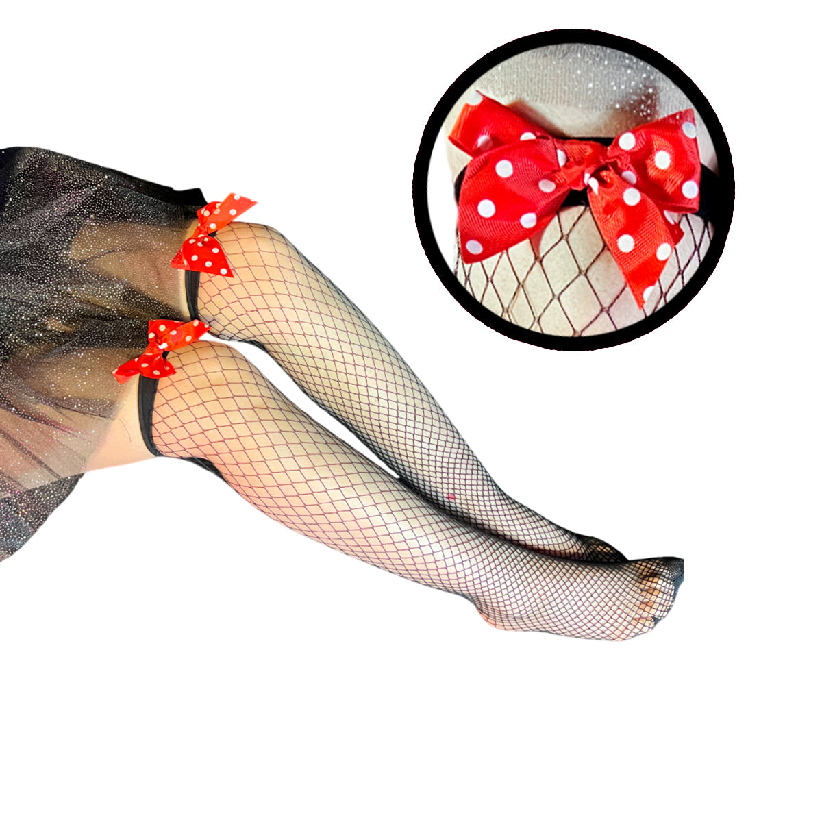 Medias de Red con Lazo Rojo Lunares Sexy WW1012-3