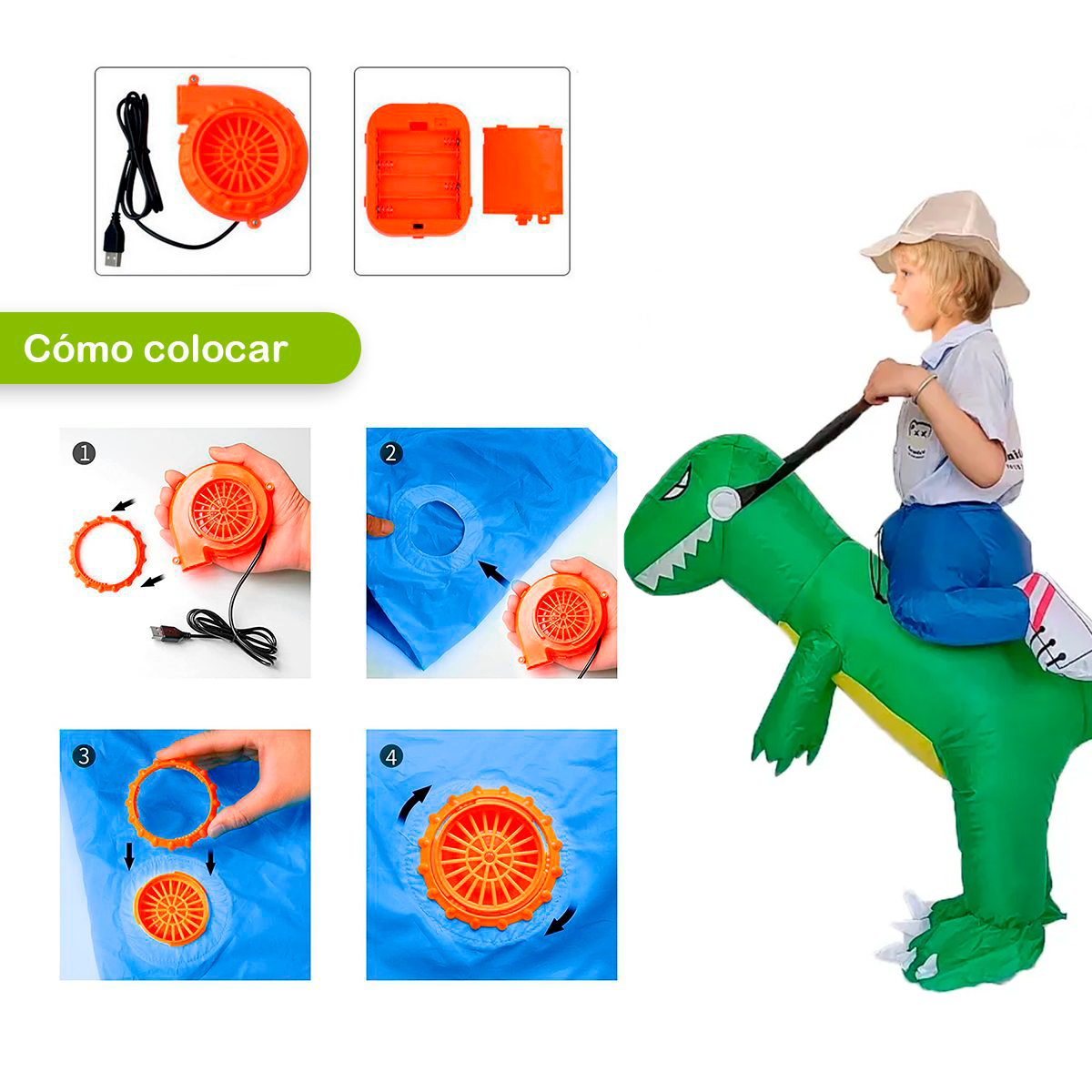 Disfraz De Dinosaurio Verde Inflable Montable Infantil Halloween MA-90