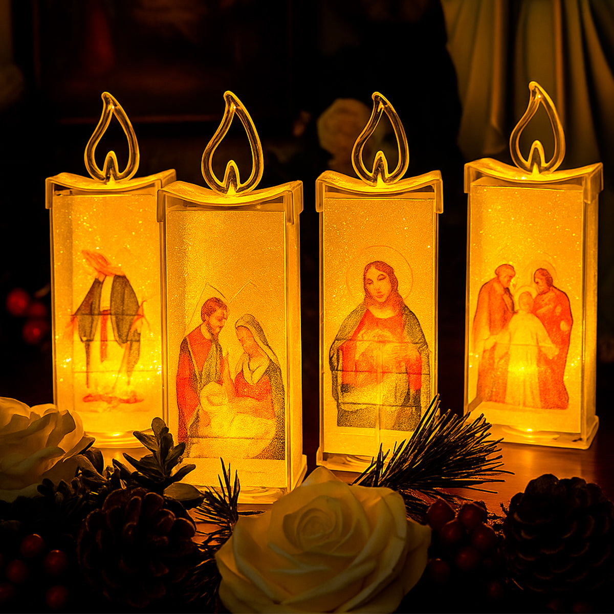Vela LED X4 Con Imagen Religiosa Decoración Hogar Luz Cálida Navidad VLR01X4