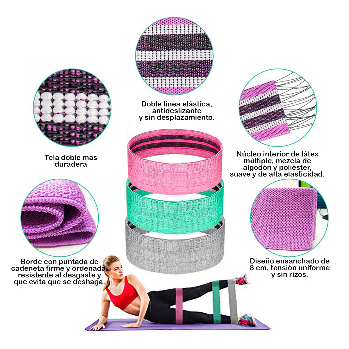 Set Bandas De Resistencia Elásticas Antideslizantes Tonifica En Casa O Gym LT-003
