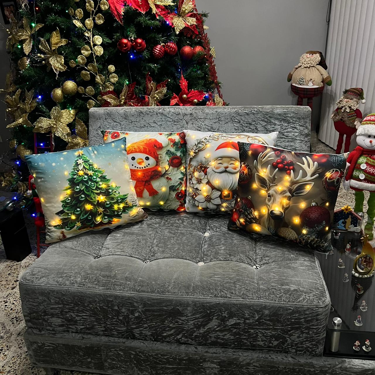 Set Fundas De Cojín Navideño Luces Micro Led Decoración SFN01