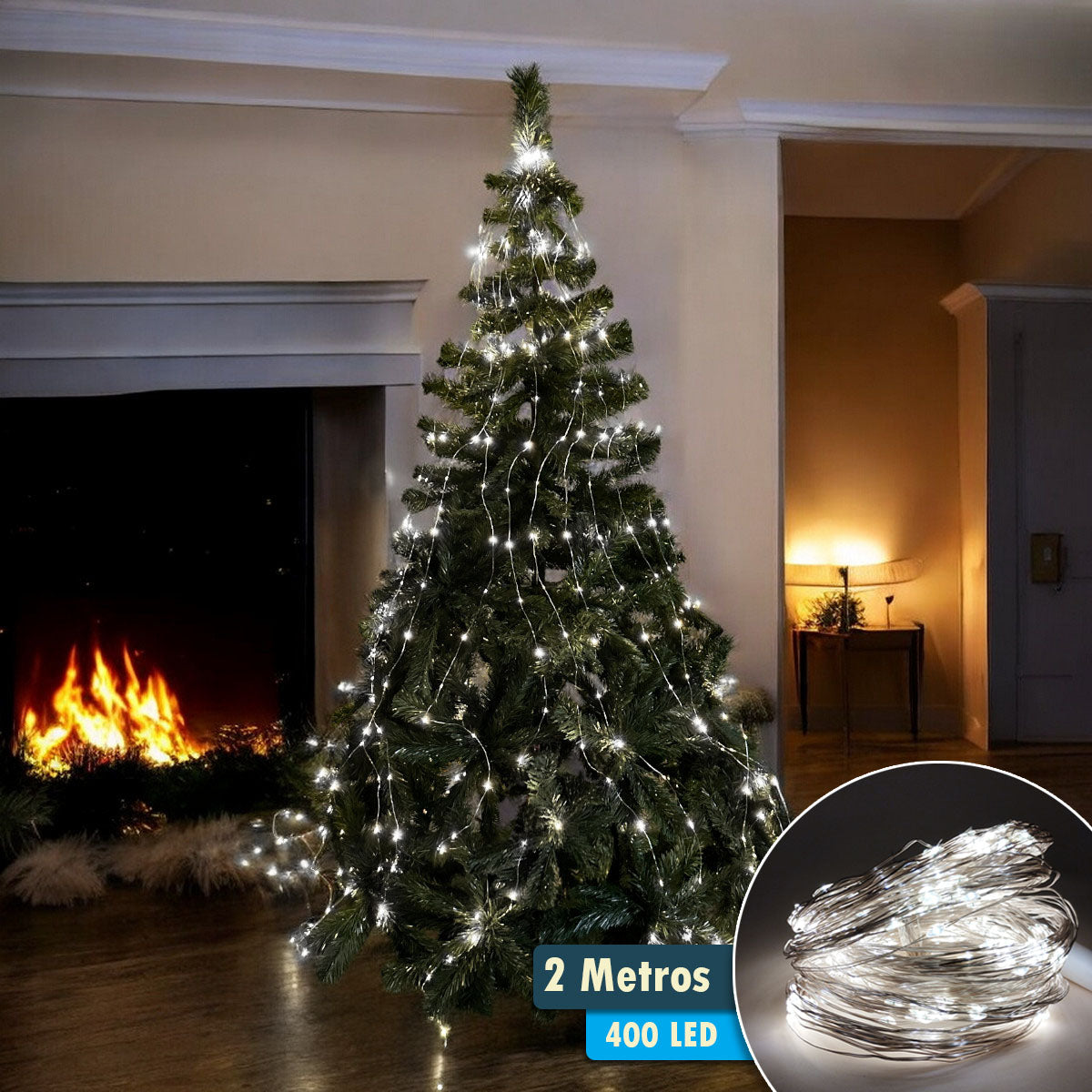 Luz Línea Cascada Micro LED Para Árbol 400 Luces 200 cm Blanca Navidad 1581V