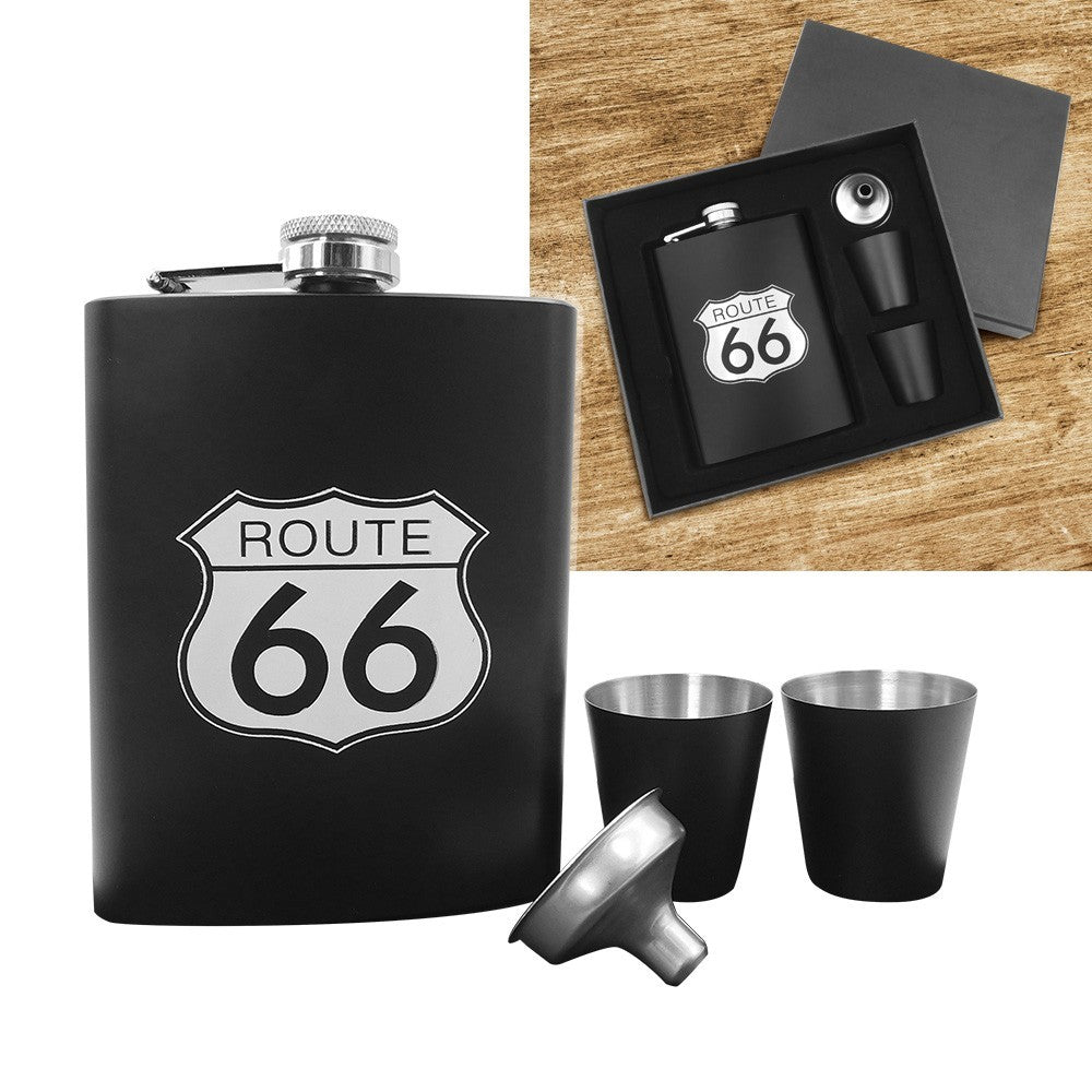 Licorera Whiskera Ruta 66 Acero Inoxidable 8 Oz + Copas RF 097