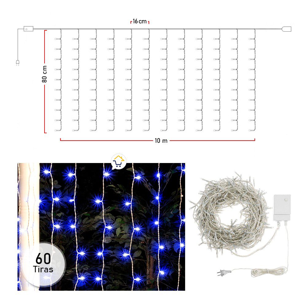 Cortina Luz Led 10 m Extensión Navidad 360 Luces Azul 2072