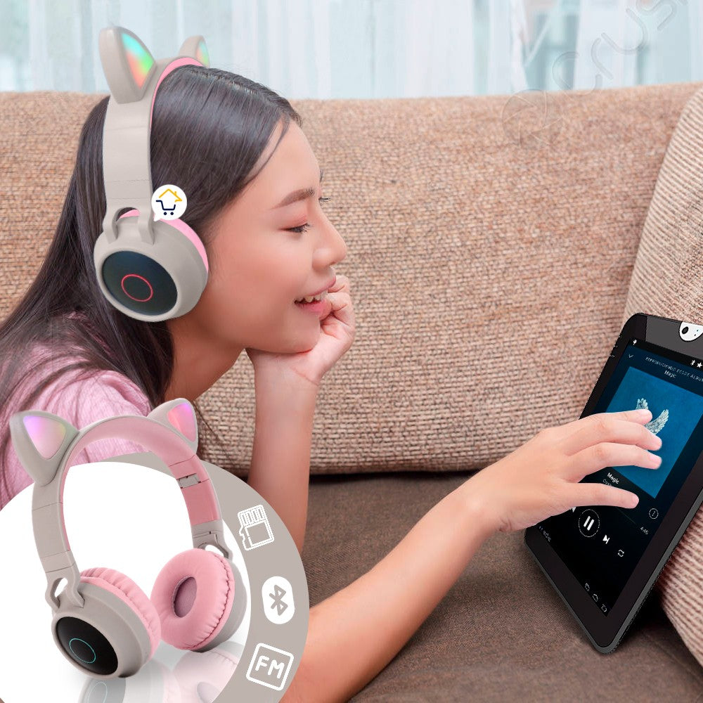 Audífonos Diadema Orejas Gato Bluetooth Luces Inalámbricos JR-028