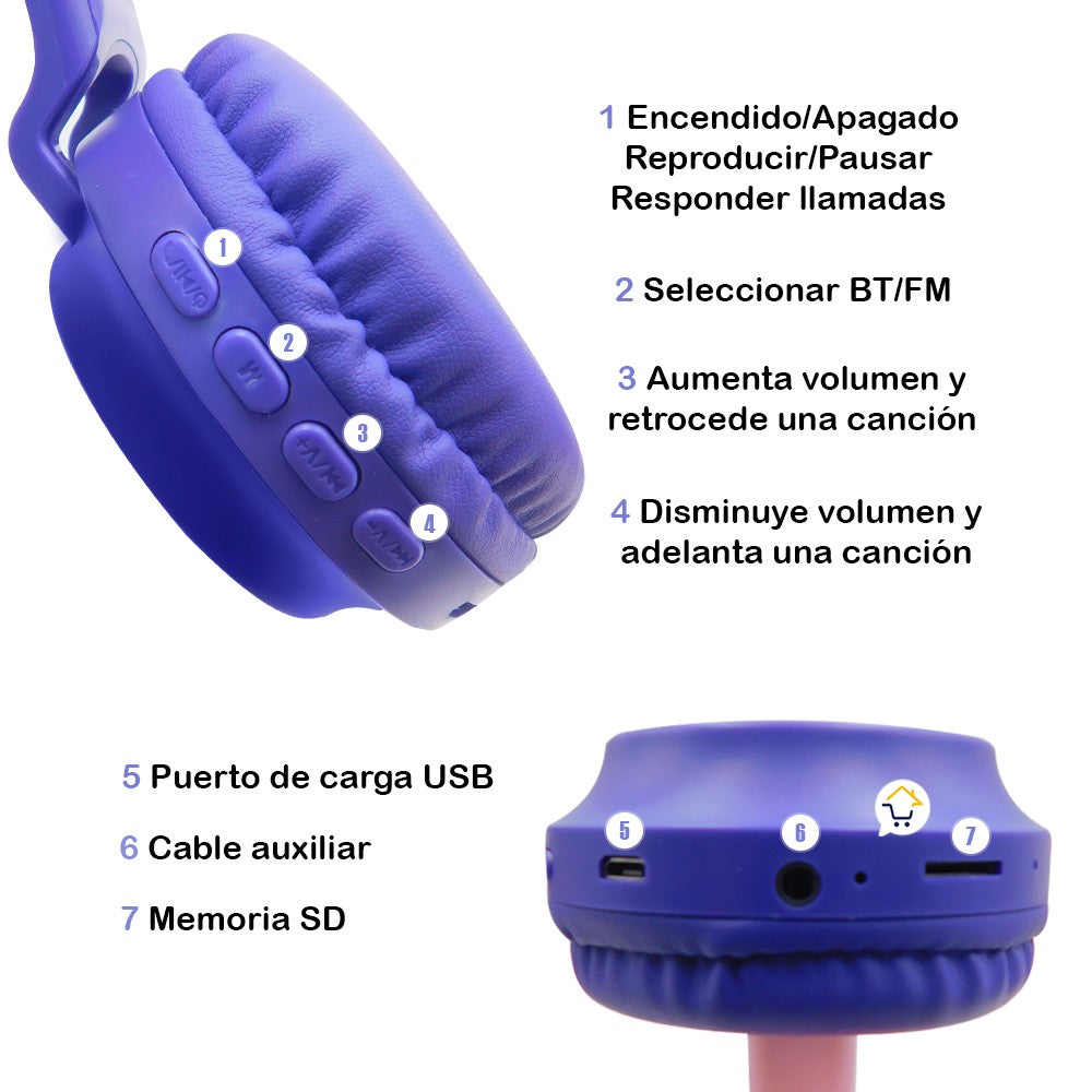 Audífonos Diadema Orejas Gato Bluetooth Luces Inalámbricos JR-028