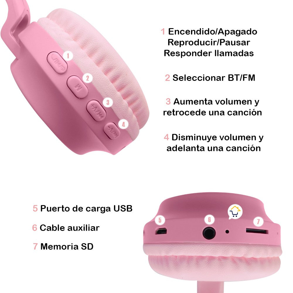 Audífonos Diadema Orejas Gato Bluetooth Luces Inalámbricos JR-028