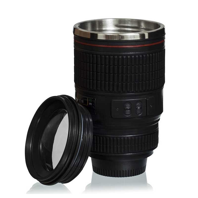 Taza Lente Cámara Vaso Mug Acero Inoxidable 350 ml Negro HD3060