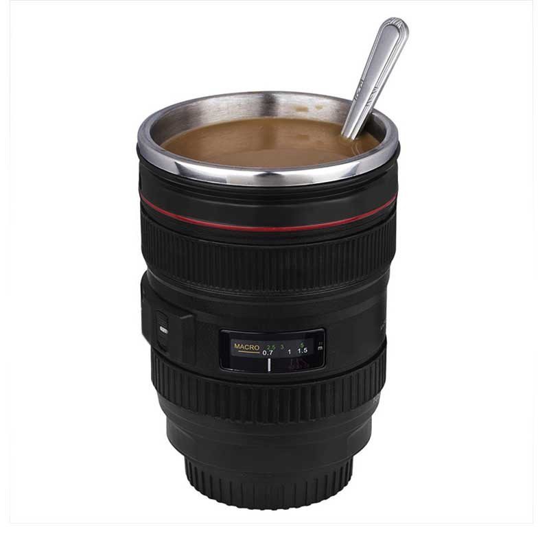 Taza Lente Cámara Vaso Mug Acero Inoxidable 350 ml Negro HD3060