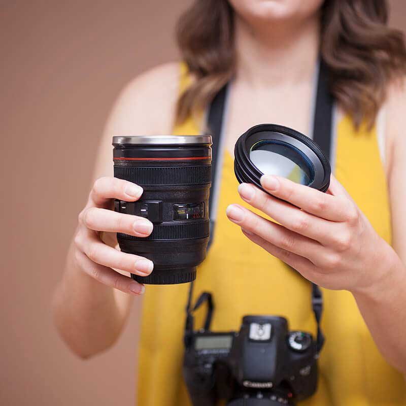Taza Lente Cámara Vaso Mug Acero Inoxidable 350 ml Negro HD3060