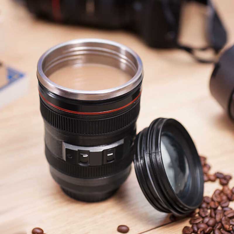 Taza Lente Cámara Vaso Mug Acero Inoxidable 350 ml Negro HD3060