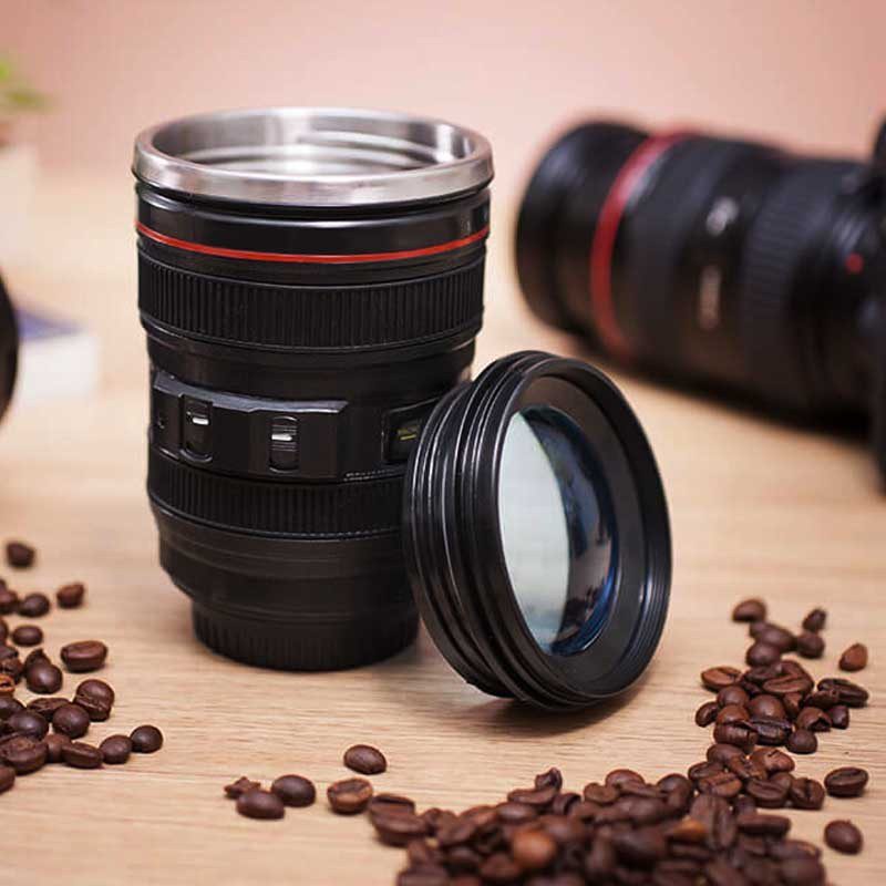 Taza Lente Cámara Vaso Mug Acero Inoxidable 350 ml Negro HD3060