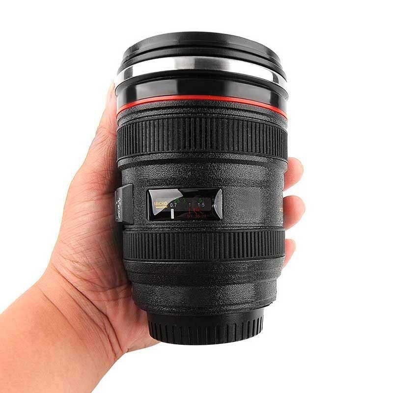 Taza Lente Cámara Vaso Mug Acero Inoxidable 350 ml Negro HD3060