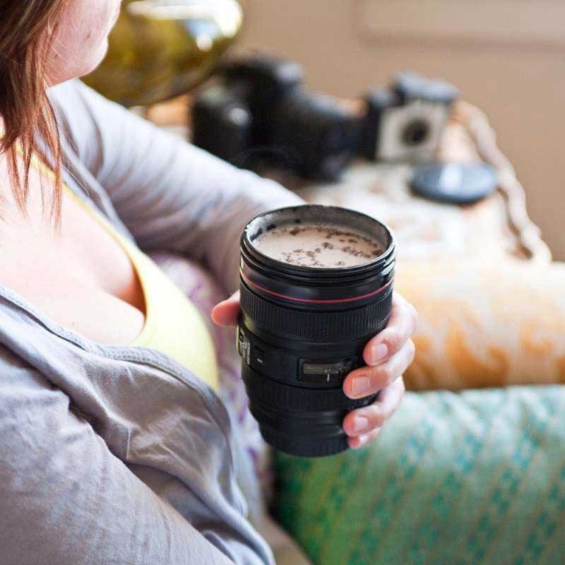 Taza Lente Cámara Vaso Mug Acero Inoxidable 350 ml Negro HD3060