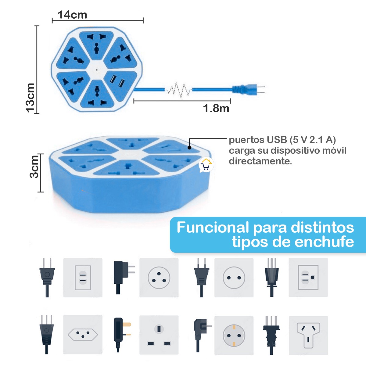 Multitoma Hexagonal 5 Tomas Extensión USB Multiusos M5USB2