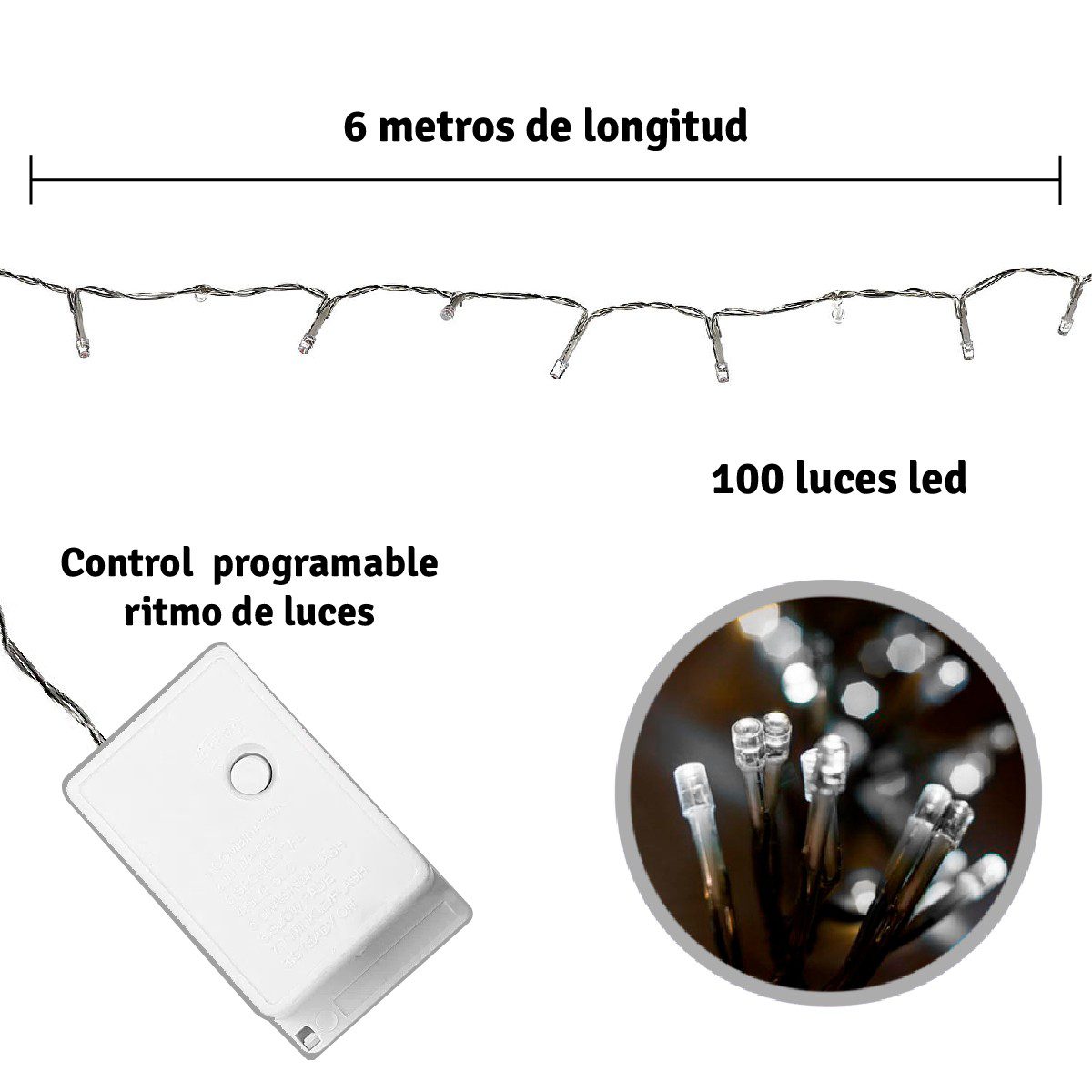 Extensión Luz LED Lineal 100 Luces 6 M. Navidad Blanca 1421