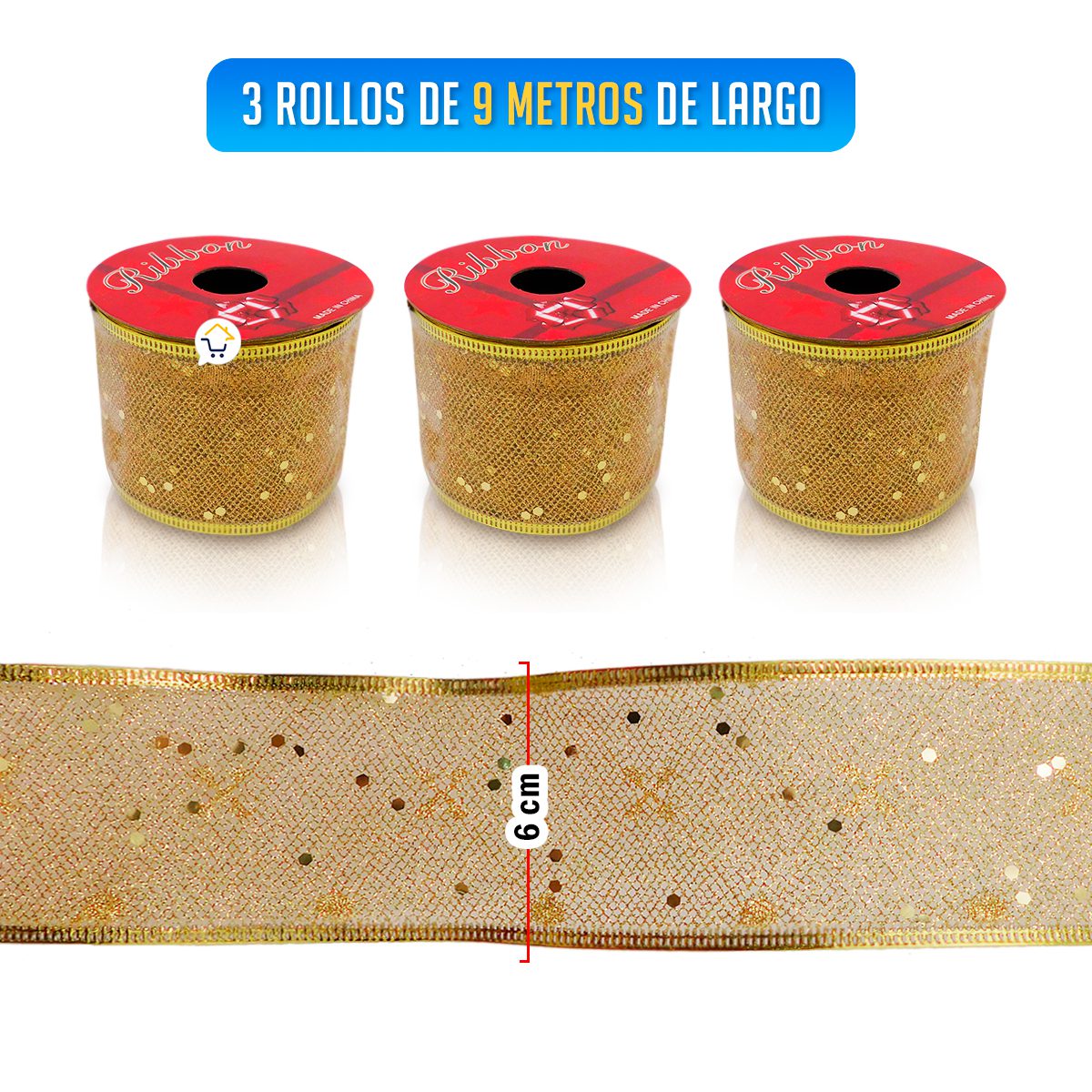 Cinta de Malla Navideña Metalizada x3 Rollos 9 m Dorado 6246D