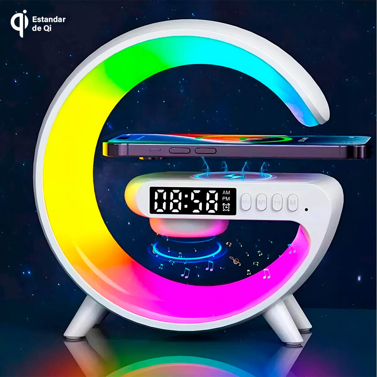 Parlante Bluetooth Cargador Inalámbrico Lámpara RGB Reloj Despertador G63