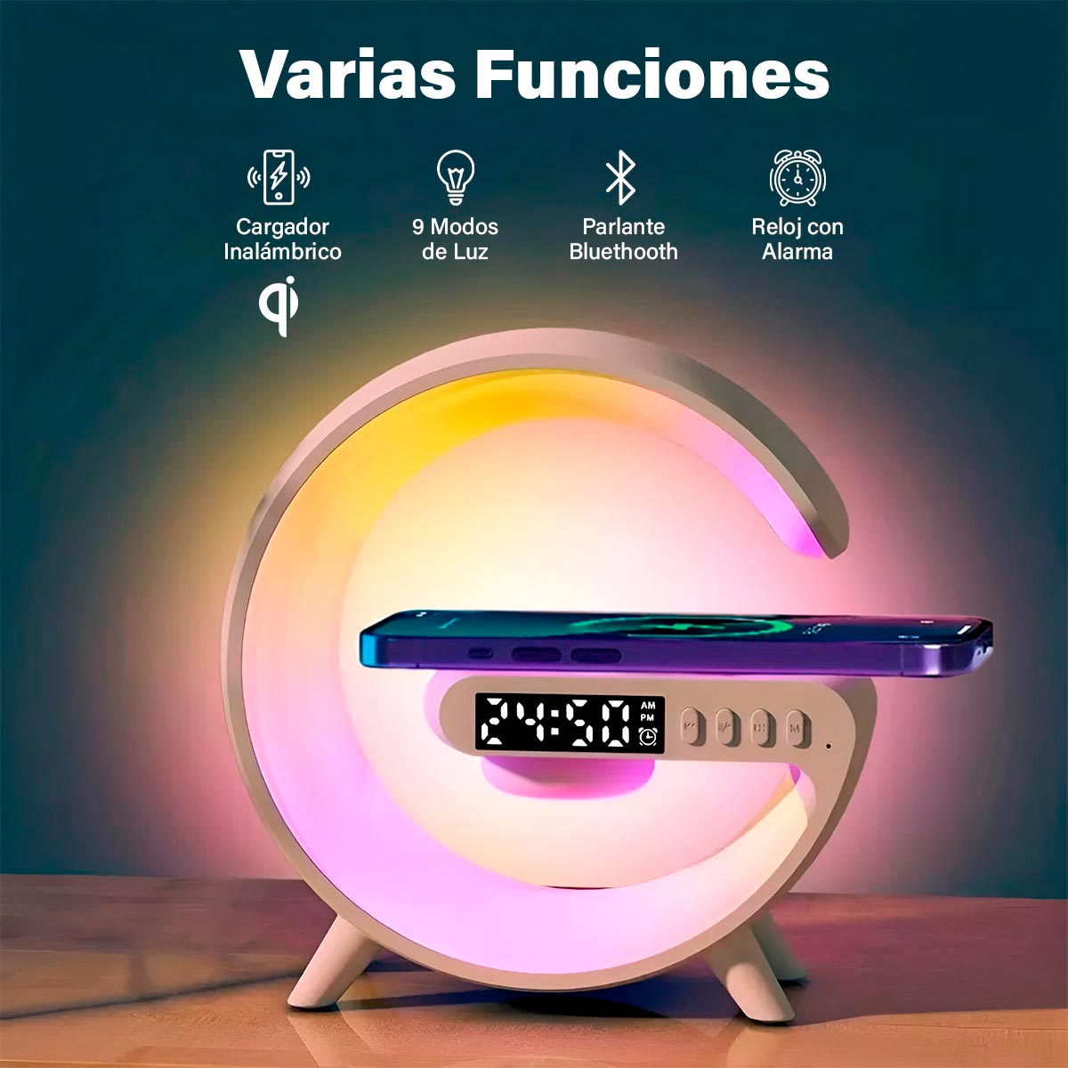 Parlante Bluetooth Cargador Inalámbrico Lámpara RGB Reloj Despertador G63