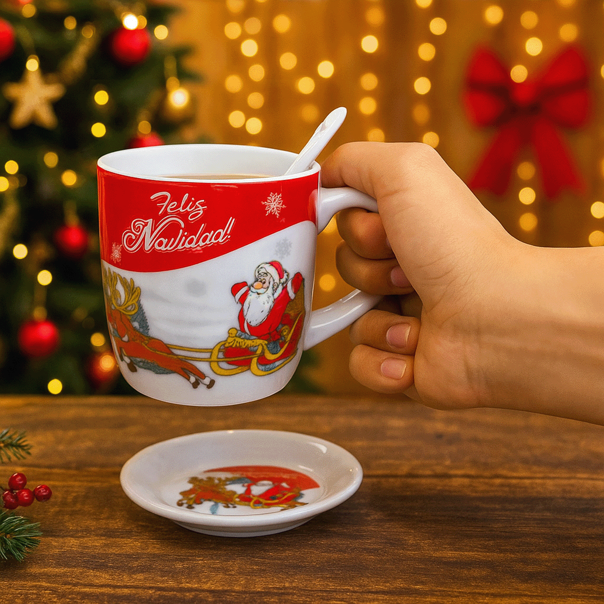Taza Navideña con Plato y Cuchara Diseño Festivo Navidad TZM1