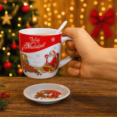 Taza Navideña con Plato y Cuchara Diseño Festivo Navidad TZM1