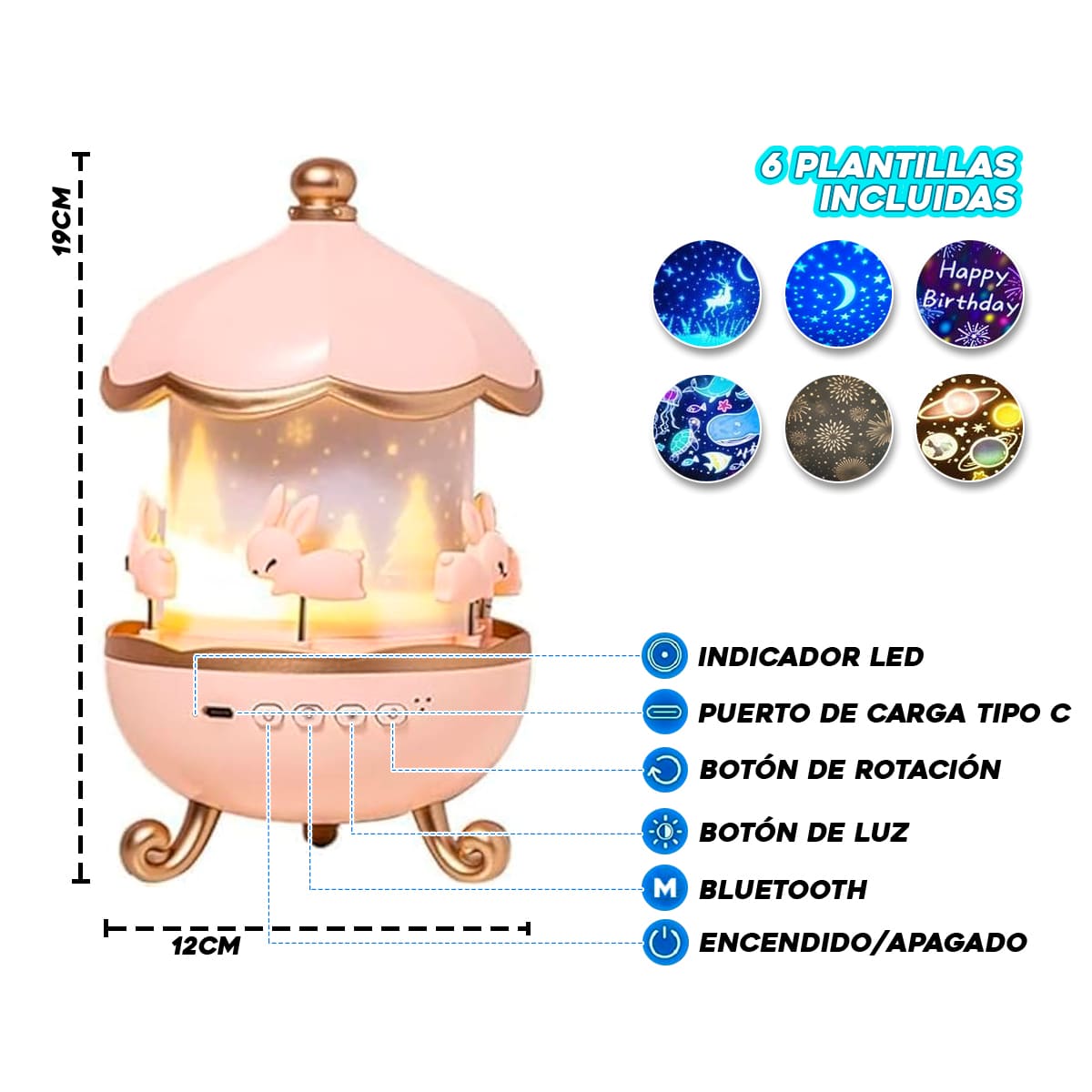 Lámpara Infantil Proyector 360° Conejitos Luz Nocturna Giratoria Con 6 Plantillas PTZ-17-6