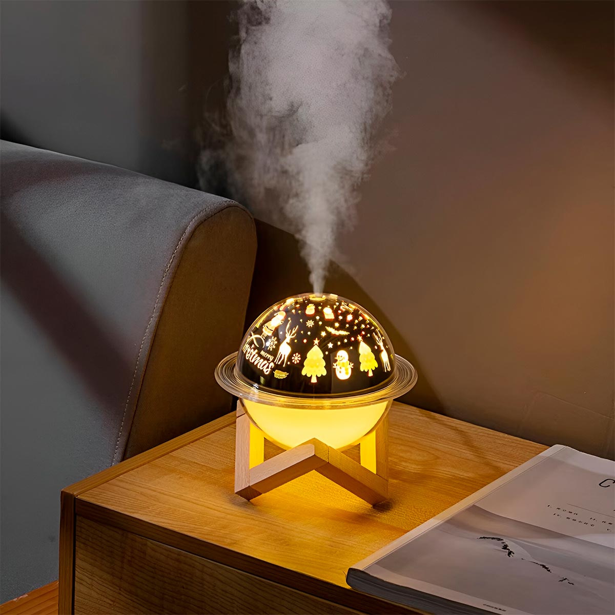 Humidificador Navideño LED Soporte Madera Difusor Aromas KF-8805