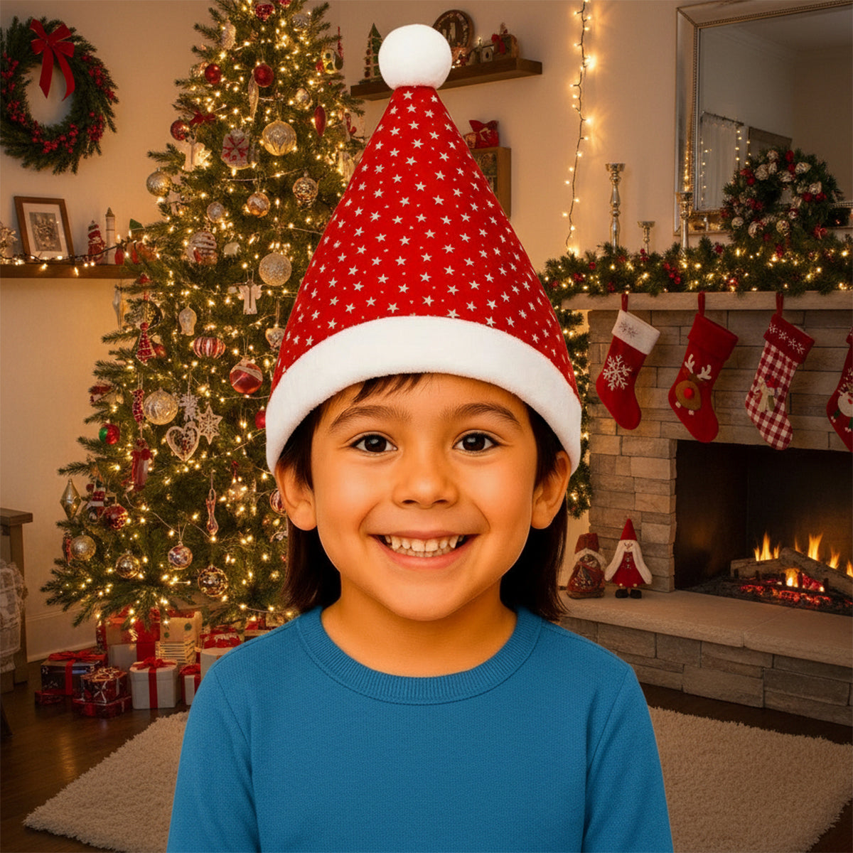 Gorro Navideño Infantil con Estrellas Plateadas GNE001