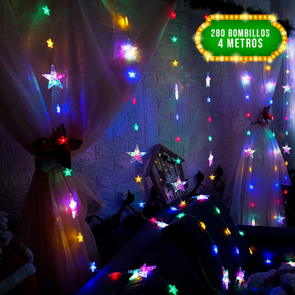 Cortina Luces LED Estrellas Navidad 4x2M Decoración 1655