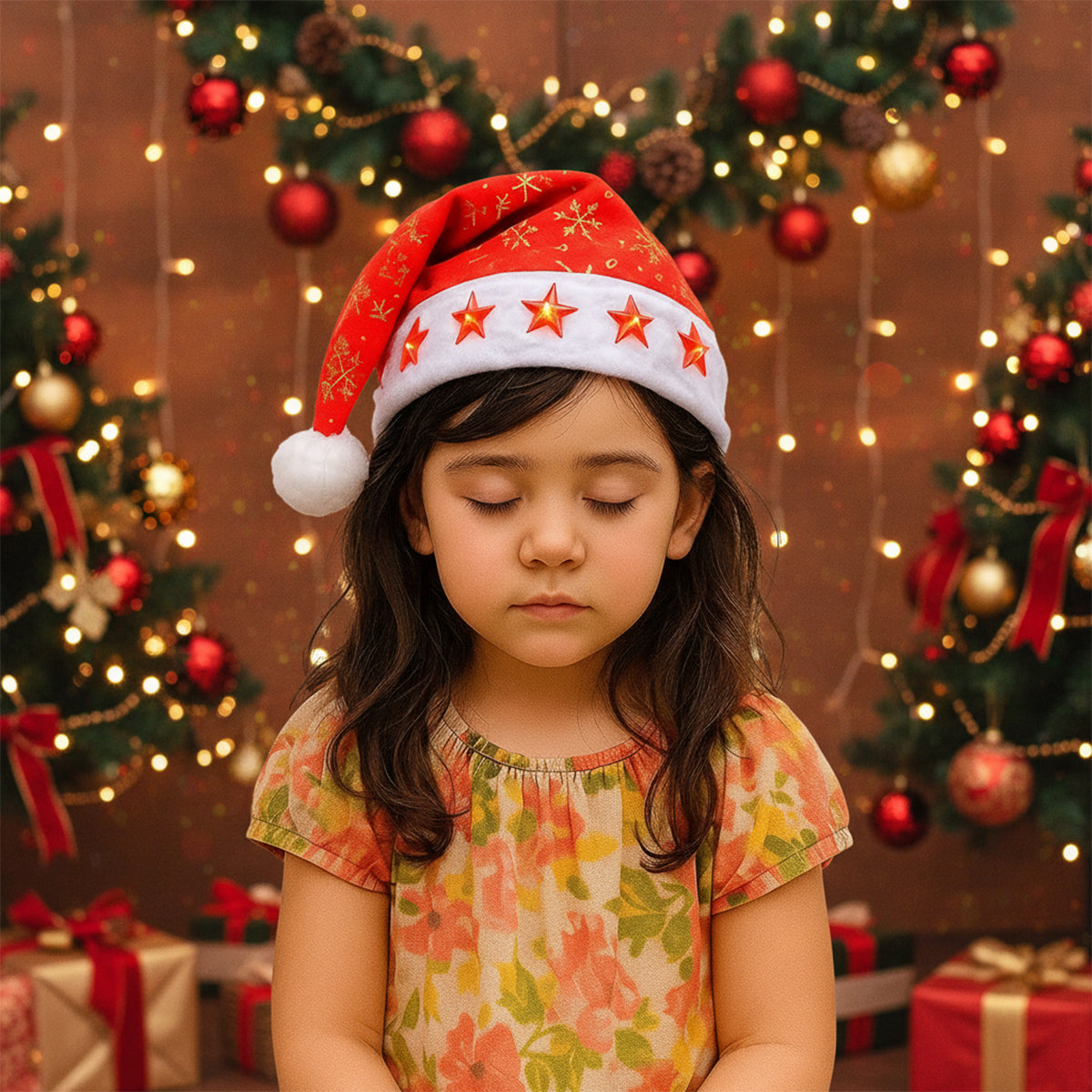 Gorro Navideño con Luces LED Estrellas Rojas GNEC001