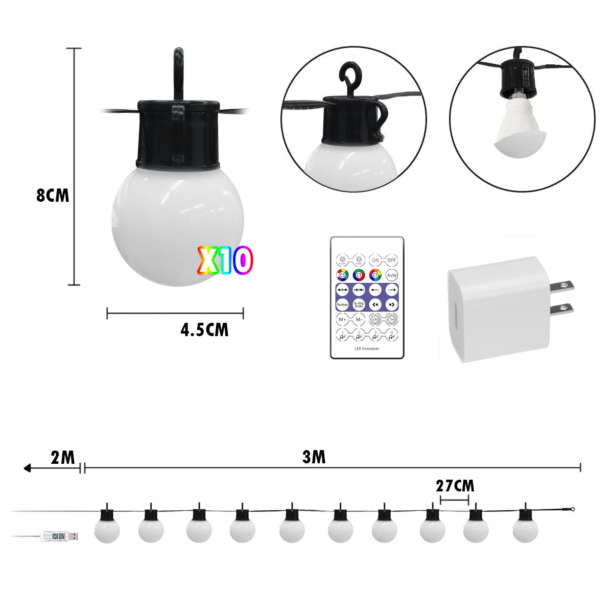 Extensión Luz LED Lineal Bombillos Redondos X10 Control RGB App 3 Metros 1609