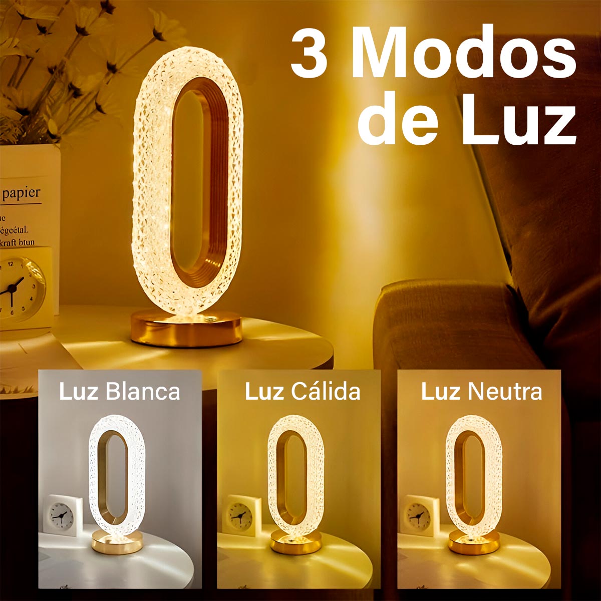 Lámpara Táctil Cristal Circular Recargable 3 Modos de Luz 427-2