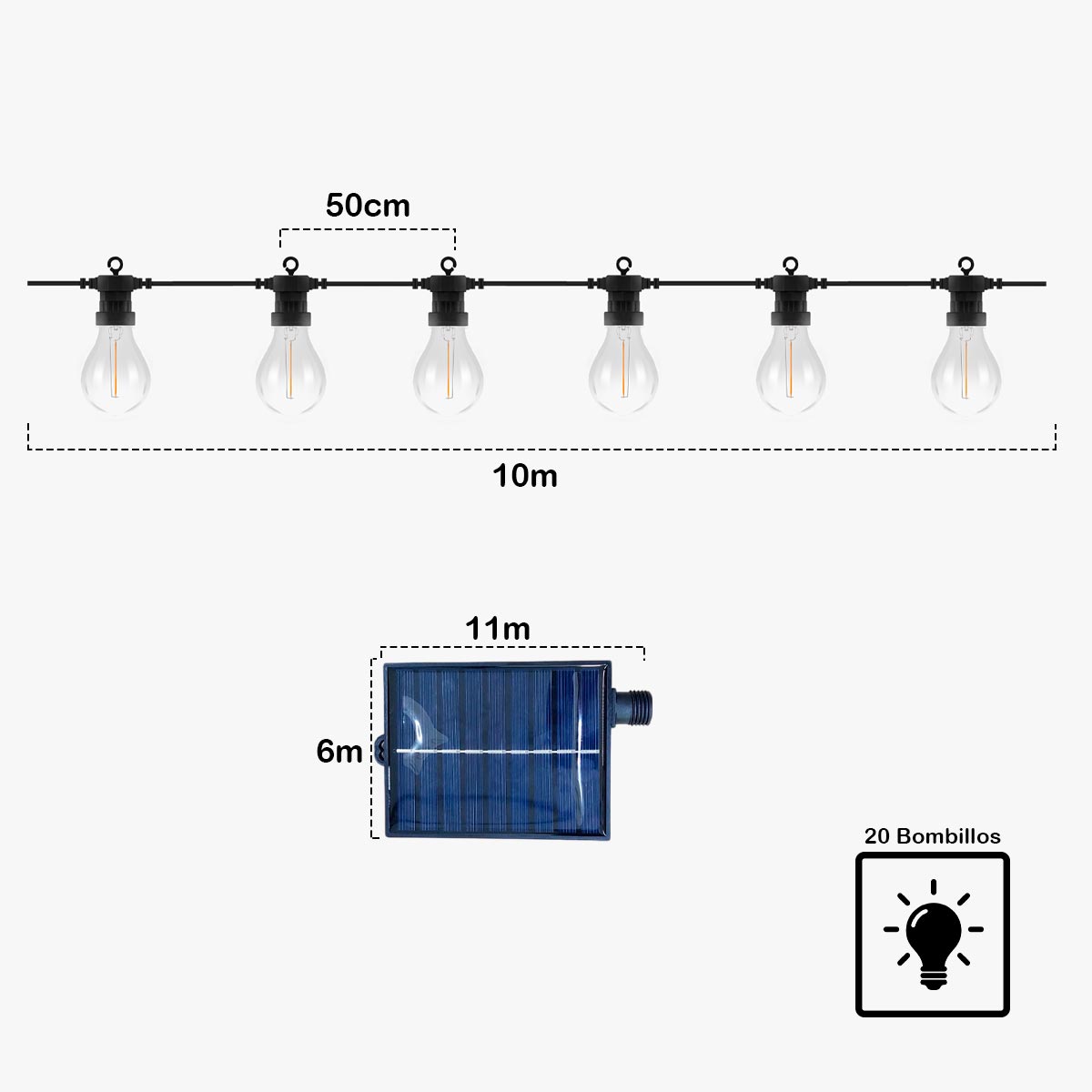 Extensión Luces Solares x20 Bombillos LED Panel Solar 10M INFN-04