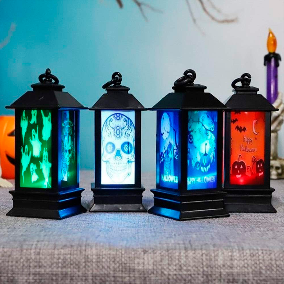 Set 4 Faroles Halloween Decorativos LED Decoración Casa FN01H