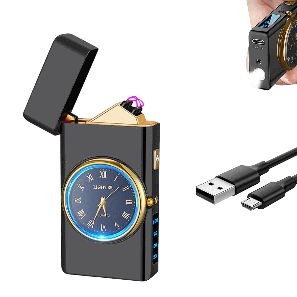 Encendedor Eléctrico de Plasma Recargable USB Reloj Antiviento B0C4NZFHVL