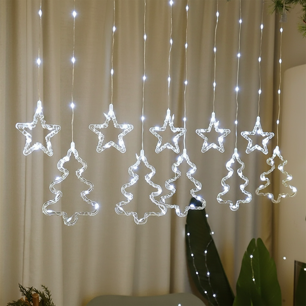 Cortina Intercalada Estrellas y Árboles LED 3 Metros Luces Navideñas AL-060