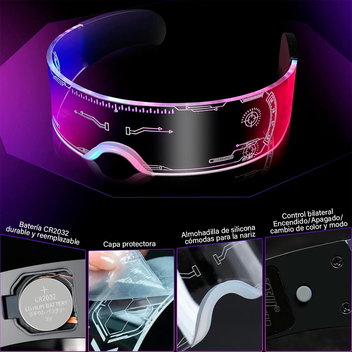Gafas LED Luminosas Futuristas Luz de 7 Colores Para Fiesta OF-1455