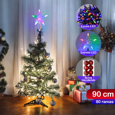 Árbol Navidad Nevado 90cm 80 Ramas + Estrella + Luces + Bolas De Regalo T90X80X7COMBO