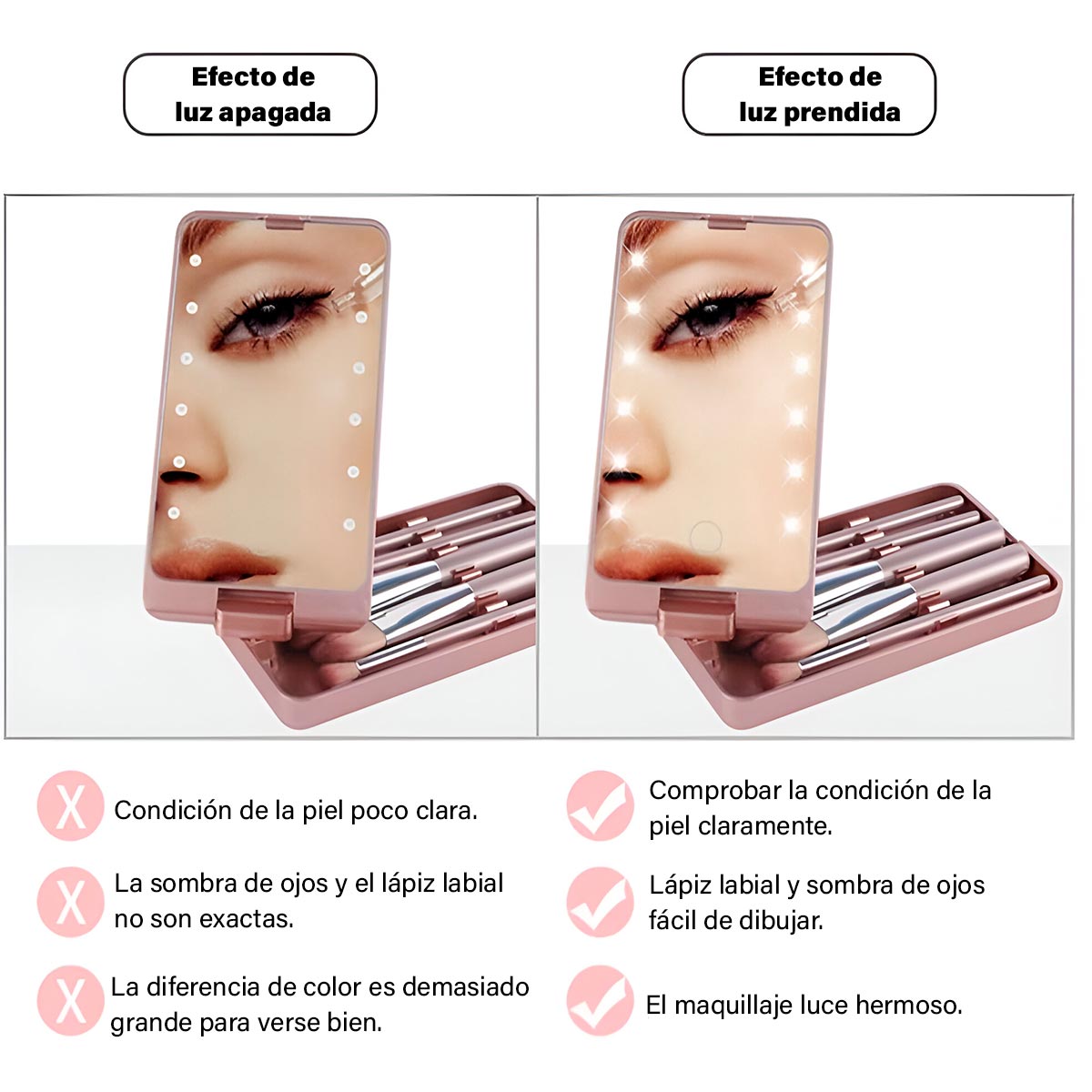 Espejo Maquillaje Luces LED Recargable Rotación 360° 5 Brochas de Maquillaje 17849-5