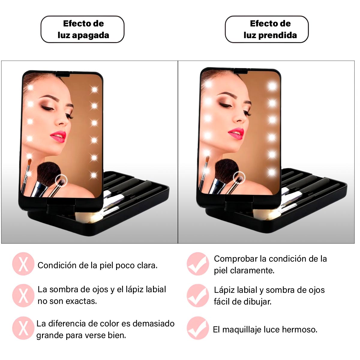 Espejo Maquillaje Luces LED Recargable Rotación 360° 5 Brochas de Maquillaje 17849-5