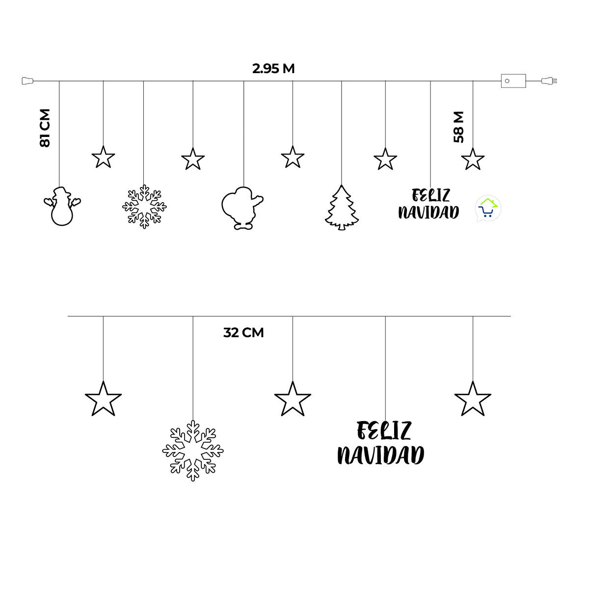 Cortina Intercalada 2.95 M x 81 CM Figuras Navidad 115 LED Extensión Navideña 1814
