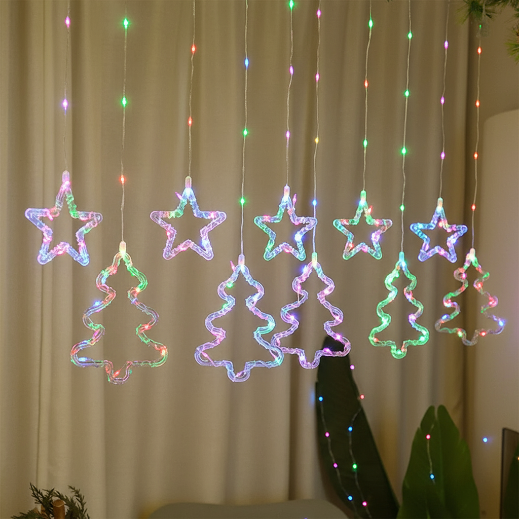 Cortina Intercalada Estrellas y Árboles LED 3 Metros Luces Navideñas AL-060