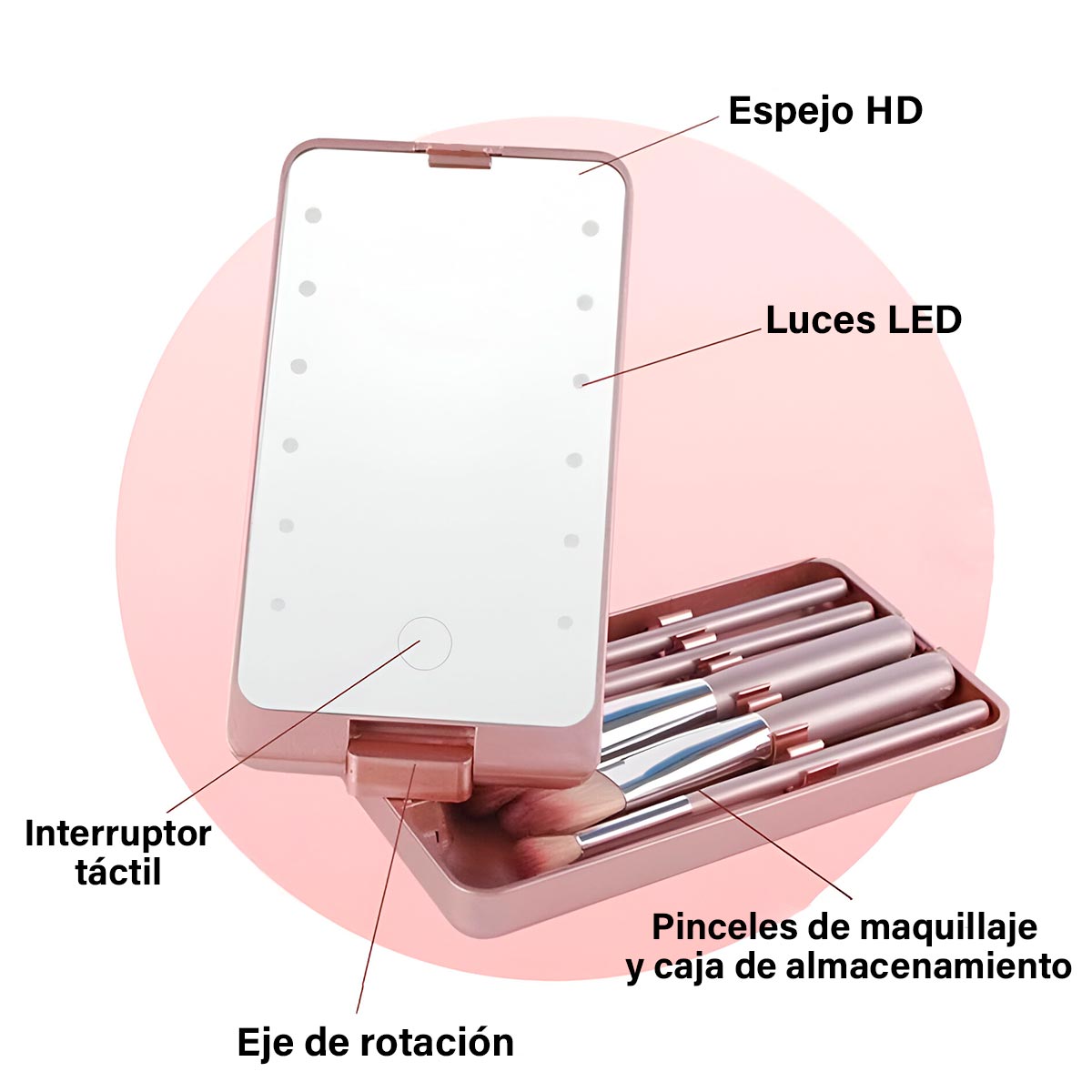 Espejo Maquillaje Luces LED Recargable Rotación 360° 5 Brochas de Maquillaje 17849-5