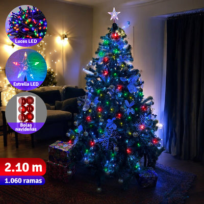 Árbol Navidad Singapur Tupido 2.10m 1.060 Ramas + Estrella + Luces + Bolas De Regalo SIN210