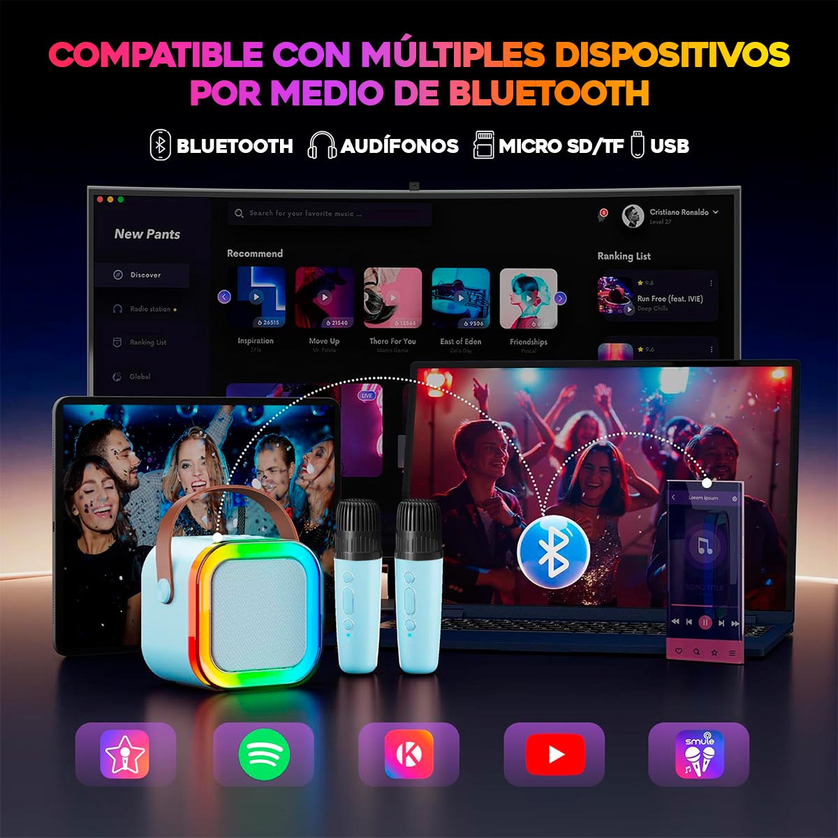 Kit De Karaoke Parlante Mágico + Micrófonos Inalámbricos K12